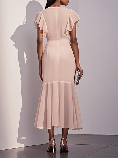 Pink Shirred Ruched Chiffon Lotus Leaf Collar Cap Sleeve Ruffle Sleeve Mermaid Midi Dress