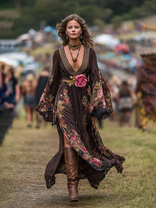 Floral Print Chiffon Bohemian Maxi Dress With Deep V-Neck And Bell Sleeves