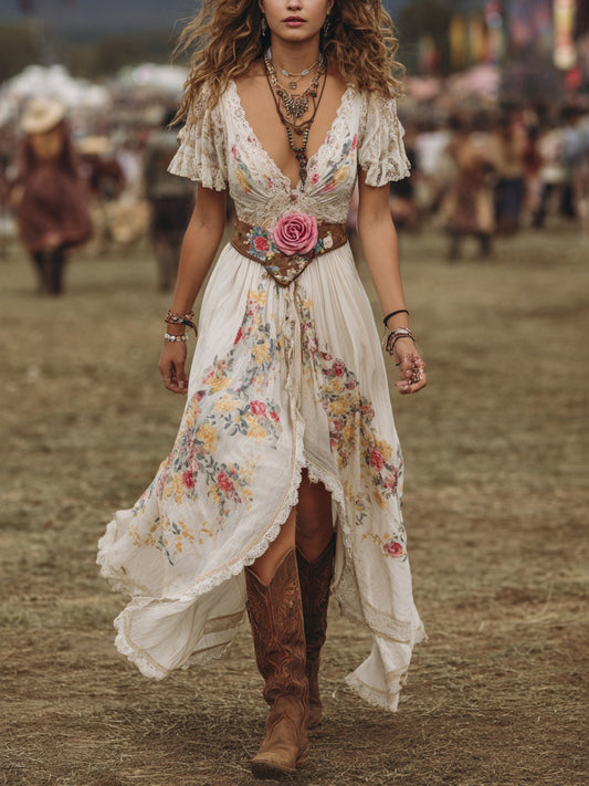 Cotton Floral Boho Maxi Dress With Lace Trim And Deep V-Neckline