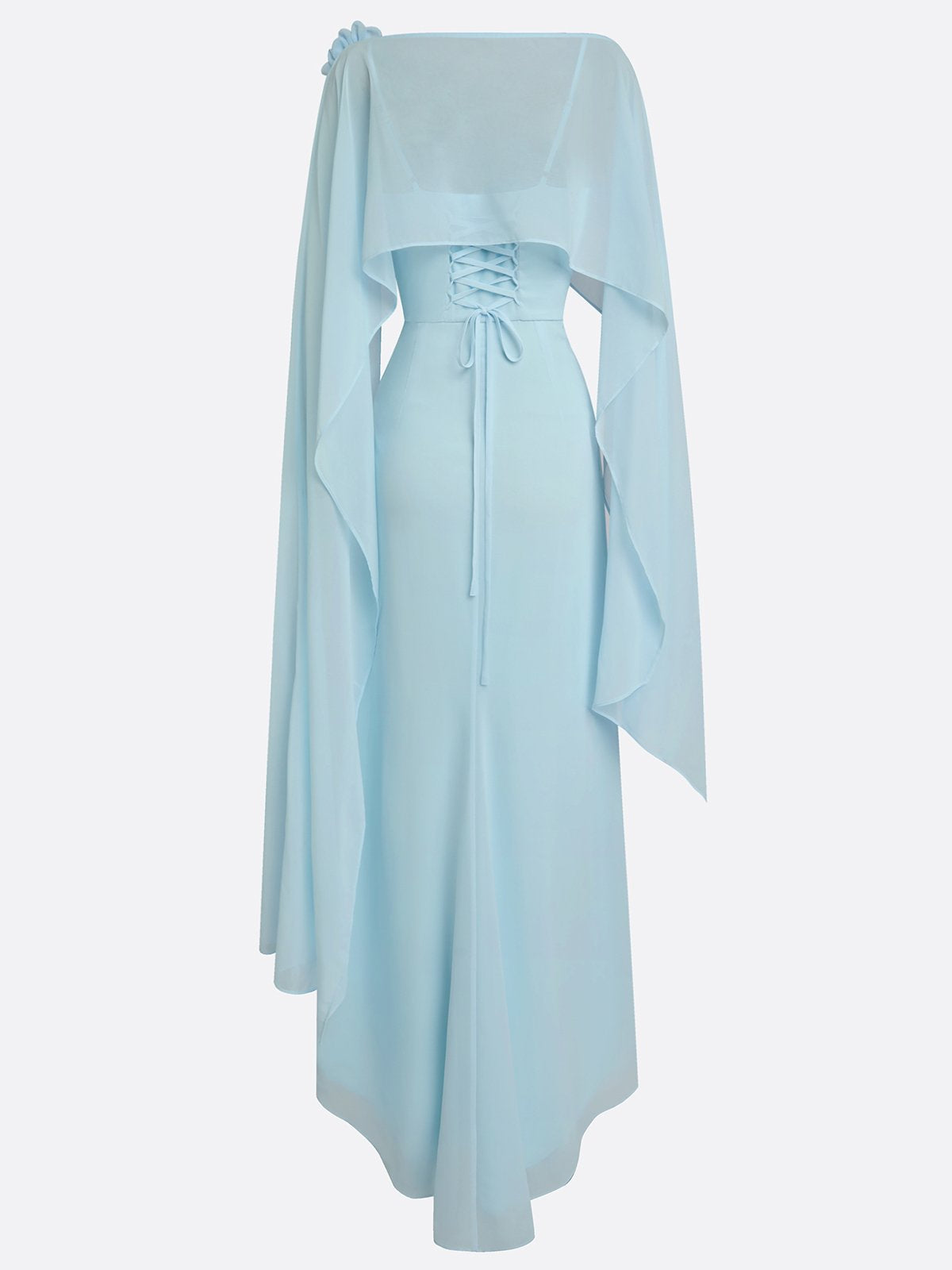 Light Blue 3D Floral Chiffon Boat Neck Cap Sleeve Sheath Gown Dress