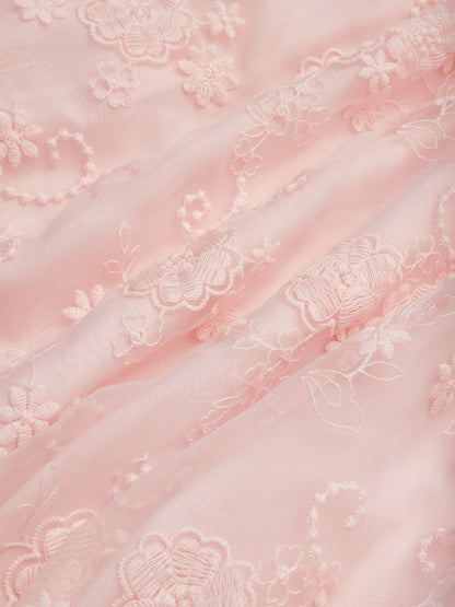 Light Pink Bow Embroidery Classic V Neck Sleeveless A-Line Midi Dress With Pockets
