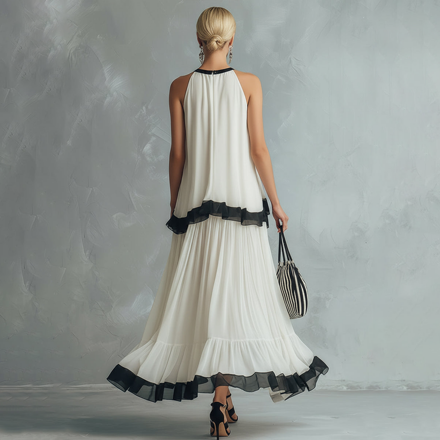 Elegant Minimalist Colour-blocked Ivory Chiffon Halter-neck Top And Maxi Skirt Ensemble