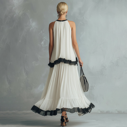 Elegant Minimalist Colour-blocked Ivory Chiffon Halter-neck Top And Maxi Skirt Ensemble