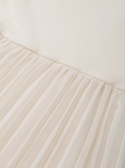 Beige Pleated Knit Crew Neck Sleeveless A-Line Midi Jersey Dress
