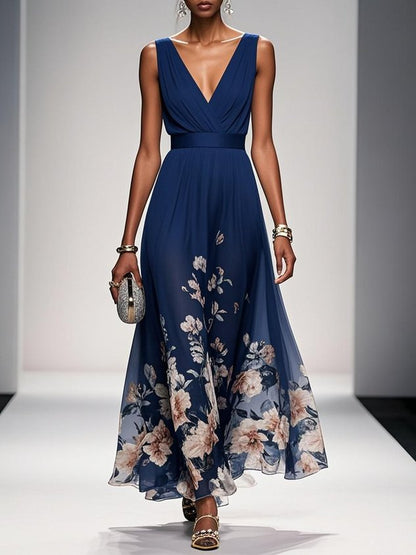Light Blue Floral Chiffon V Neck Sleeveless A-Line Maxi Dress