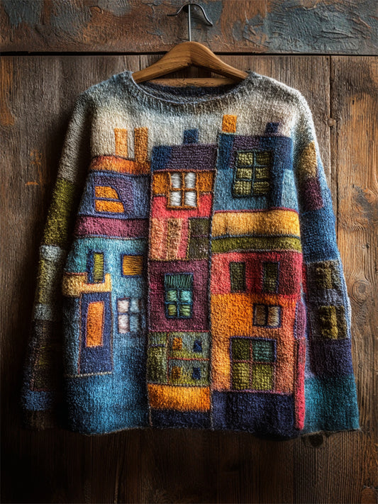 Colorful Street Building Inspired Colorblock Cozy Knit Sweater
