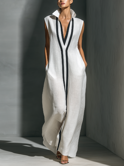 Women's White Linen Fabric Sleeveless Maxi Dress With Black Contrast Trim MDZ1973A8T