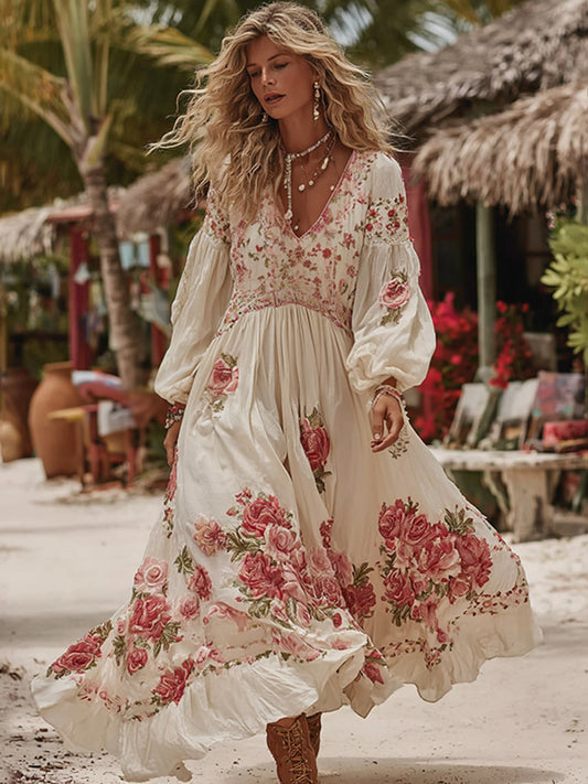 Women's Romantic Rose Patchwork Art Comfy Linen Vacation Maxi Dress