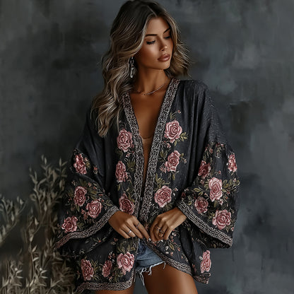 Women's Vintage  Spring Floral Roses Embroidered Art Print Flowy Linen Blend Kimono