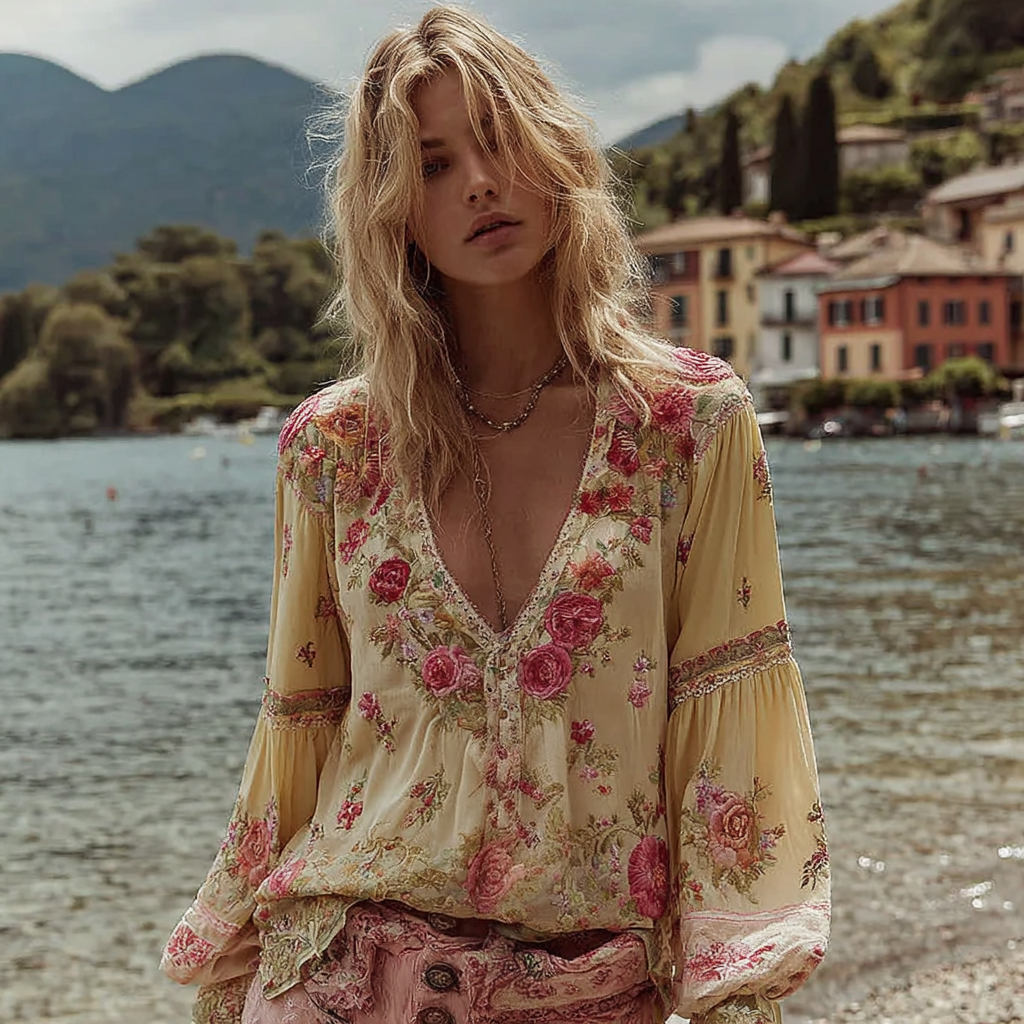 Vintage Rose Floral Embroidery Long Sleeve V-neck Shirt