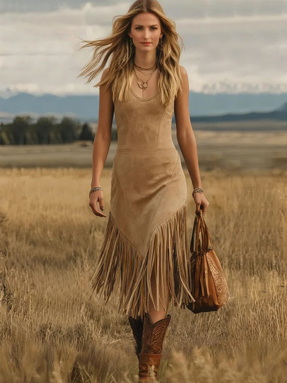Suede Fringe Midi Dress Women Boho Western Style Sleeveless V-Neck Bodycon Dress With Tassel Hem For Casual Outfits