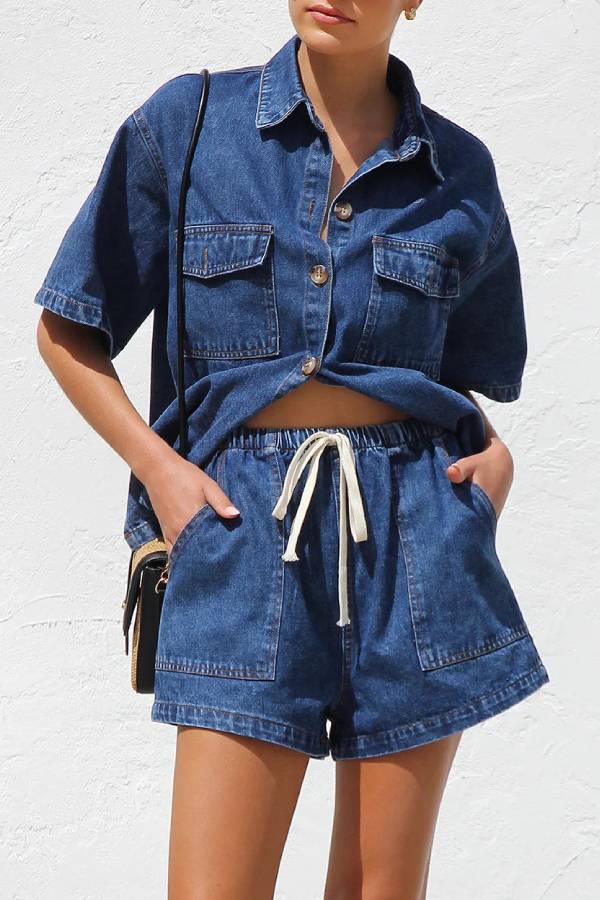 Loose-fitting Workwear Style Short-Sleeved Shirt and Shorts Set
