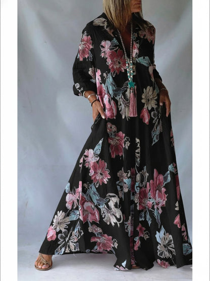 Loose-fitting Casual Linen And Cotton Floral Print Shirt Dress