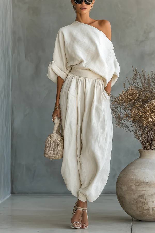 Off-white Linen Off-shoulder Loose Casual Top And Tapered Pants Set