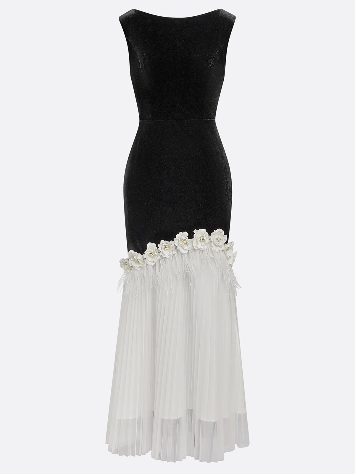 Black Tassel 3D Floral Velvet Boat Neck Sleeveless Mermaid Midi Dress
