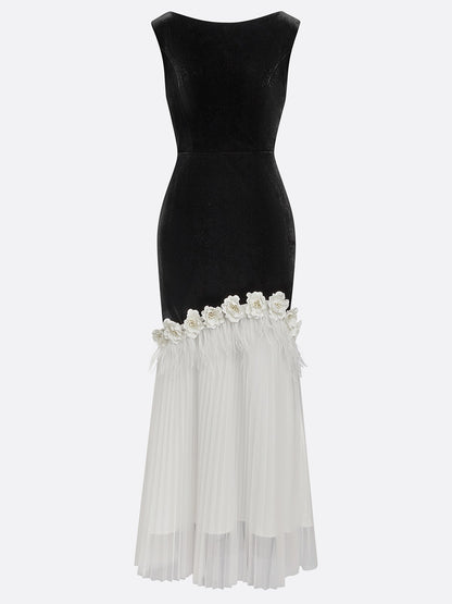 Black Tassel 3D Floral Velvet Boat Neck Sleeveless Mermaid Midi Dress