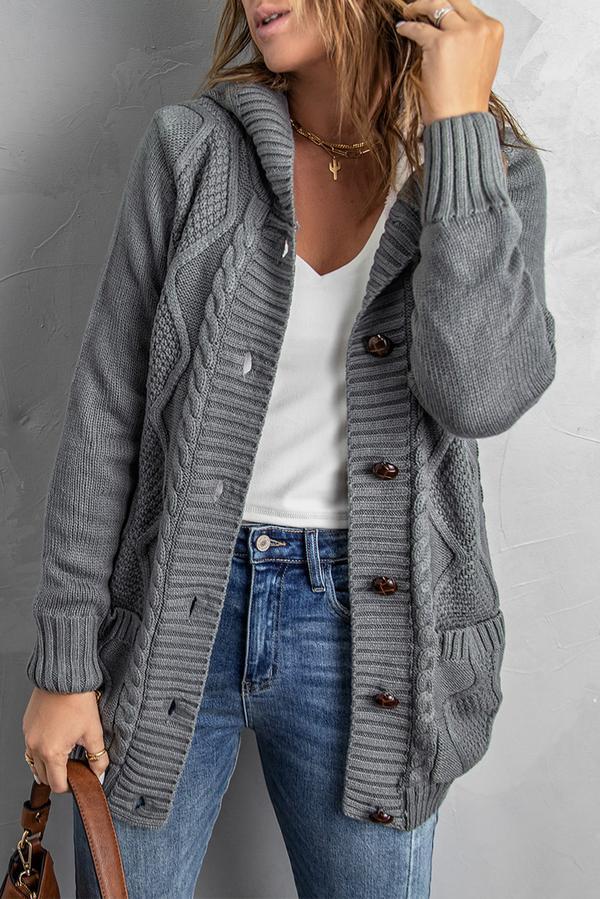 Buttoned Hooded Open Front Knitted Sweater