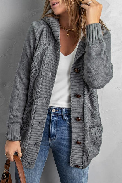 Buttoned Hooded Open Front Knitted Sweater