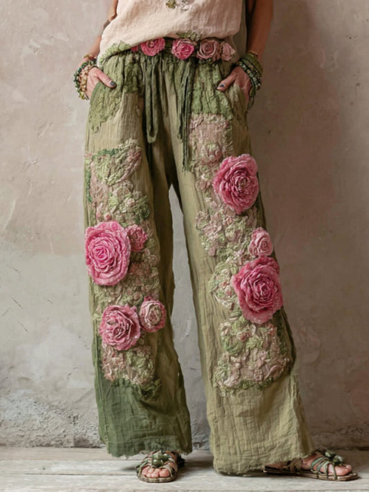 Vintage Floral Embroidered Art Print Straight Leg Linen Blend Pants