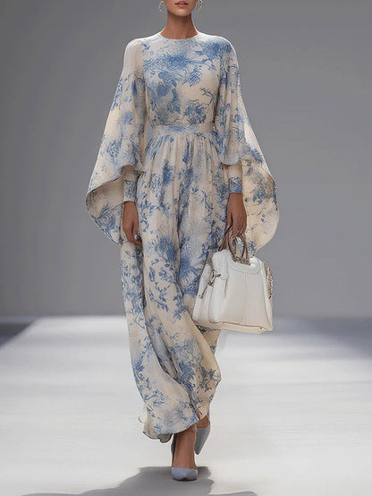 Elegant Blue And White Printed Trumpet Sleeve Maxi Dress