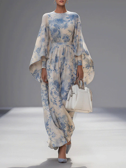 Elegant Blue And White Printed Trumpet Sleeve Maxi Dress