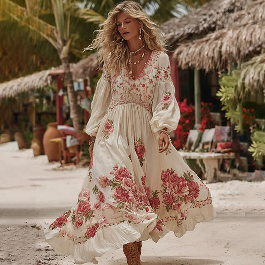 Women's Romantic Rose Patchwork Art Comfy Linen Vacation Maxi Dress
