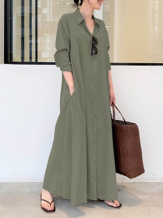 Women's Solid Color Casual Loose Elegant V-Neck Cotton And Linen Pocket Shirt Dress
