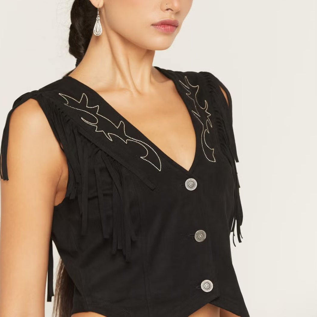 Faux Suede Fringe Sleeveless Crop Top With Embroidery And Button Closure