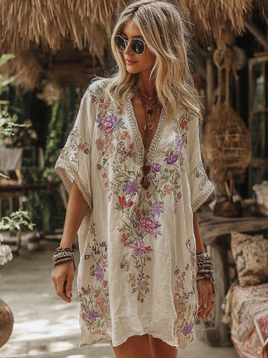 Women's Floral Embroidery Art V Neck Comfy Short Sleeve Midi Dress