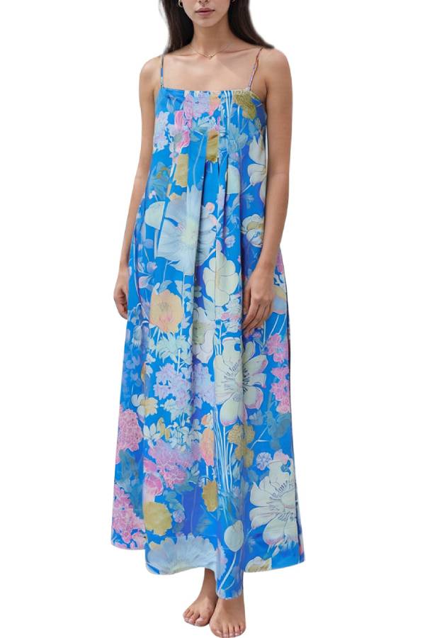Multi-Color Floral Print Strapless/Spaghetti Strap Draped Maxi Dress