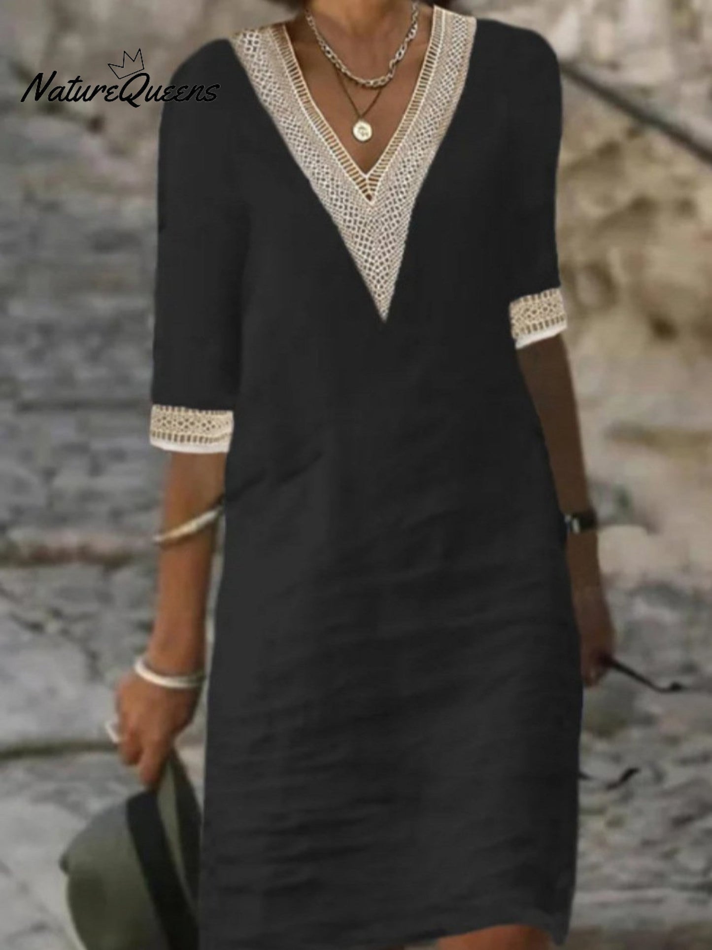 V-neck Mid-sleeved Cotton and Linen Casual Dress