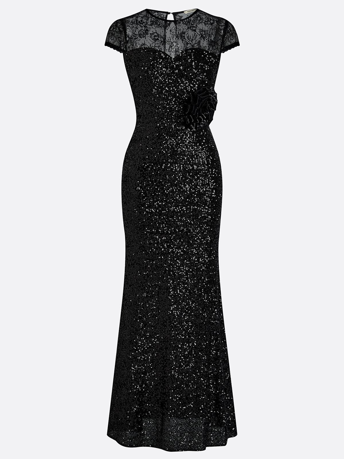 Black 3D Floral Lace Sequin Crew Neck Short Sleeve Sheath Maxi Dress