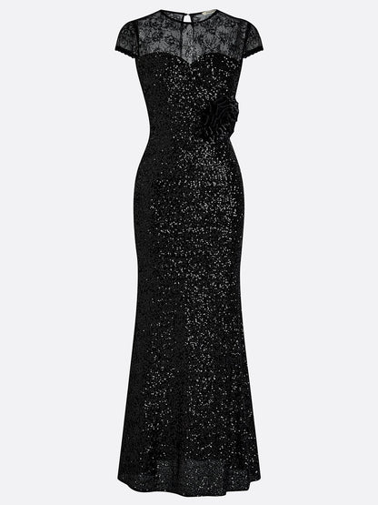 Black 3D Floral Lace Sequin Crew Neck Short Sleeve Sheath Maxi Dress