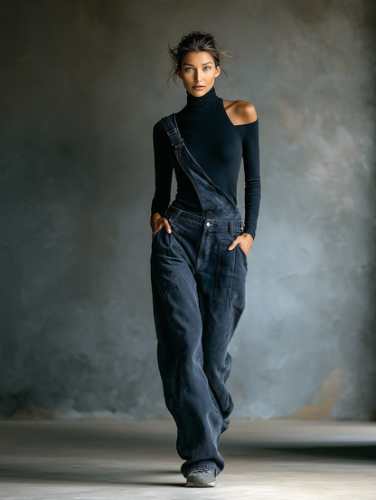 Women’s Blue-black Ribbed Knit Cold Shoulder Turtleneck Fitted Long Sleeve Top MDA3016K6T