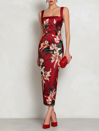 Light Blue Floral Satin Square Neck Sleeveless Sheath Midi Dress