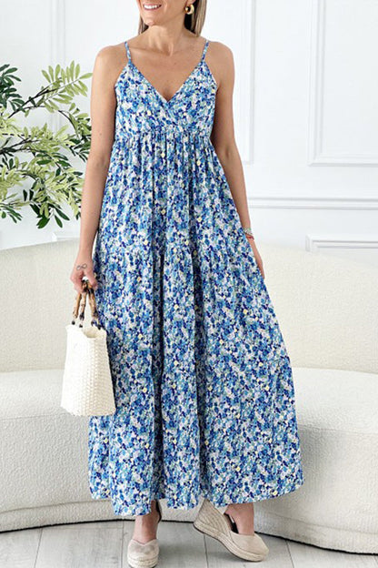 Hana Floral Spaghetti Strap Deep V Holiday Long Dress