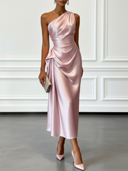 Champagne Ruched Satin One Shoulder Sleeveless Sheath Midi Dress
