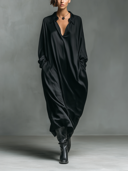Women's Fashionable Casual Black Glossy Satin Long-sleeved Loose-fitting Maxi Dress With Pockets MDA2476K9AN