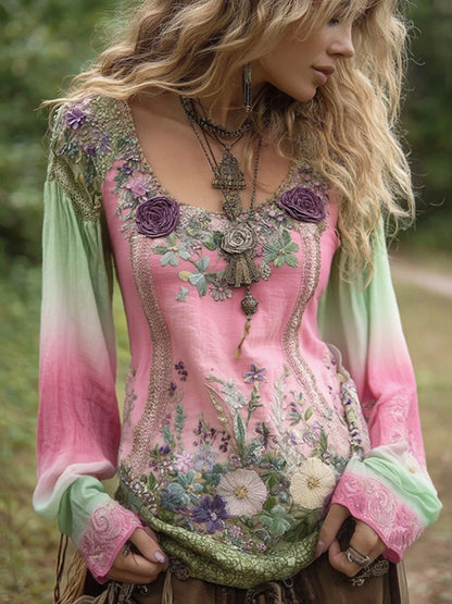 Classy Gradient Purple Lavender And Floral Embroidered Linen Long Sleeve Shirt d426