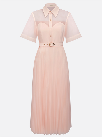 Pink Pleated Classic Shirt Collar Short Sleeve A-Line Midi Dress