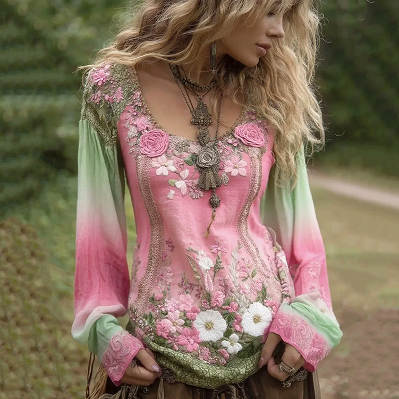 Vintage Purple Lavender And Floral Embroidered Linen Long Sleeve Shirt