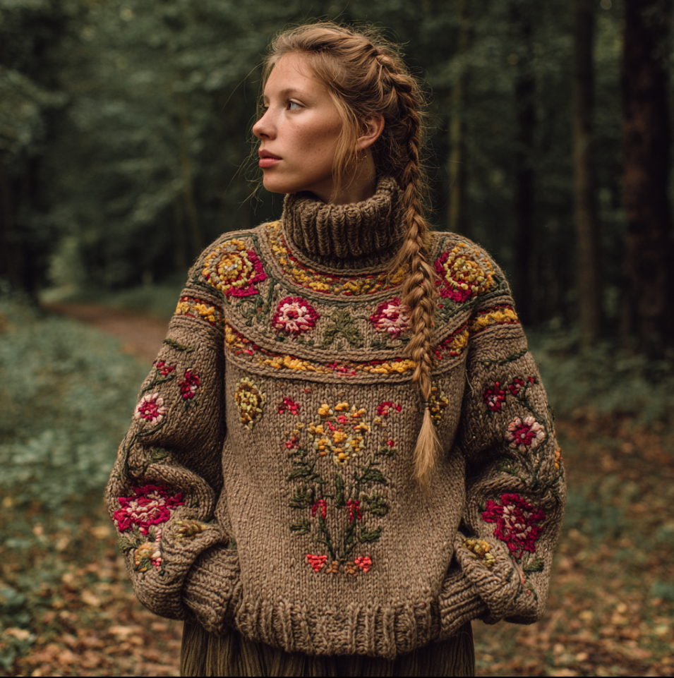Women's Autumn And Winter Meillard Style And Bohemian Style Plant Flower Embroidery High Neck Thick Sweater