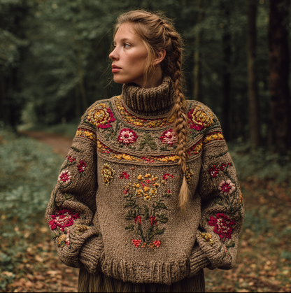 Women's Autumn And Winter Meillard Style And Bohemian Style Plant Flower Embroidery High Neck Thick Sweater