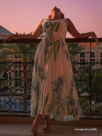 Light Blue Pleated Floral Chiffon Square Neck Sleeveless A-Line Maxi Dress
