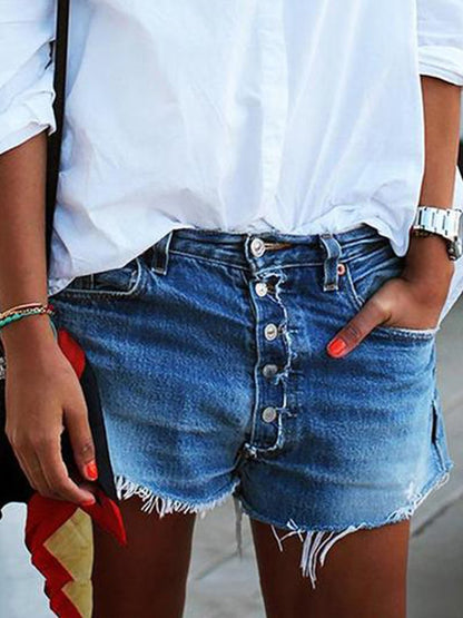 Casual Button Frayed Distressed Denim Shorts