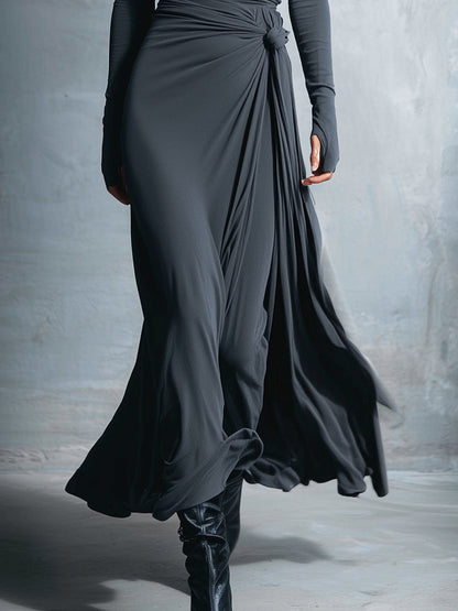 Women's Gray Exquisite Stretch Polyester-Cotton Blend Wrap Dress - Knotted Maxi Dress