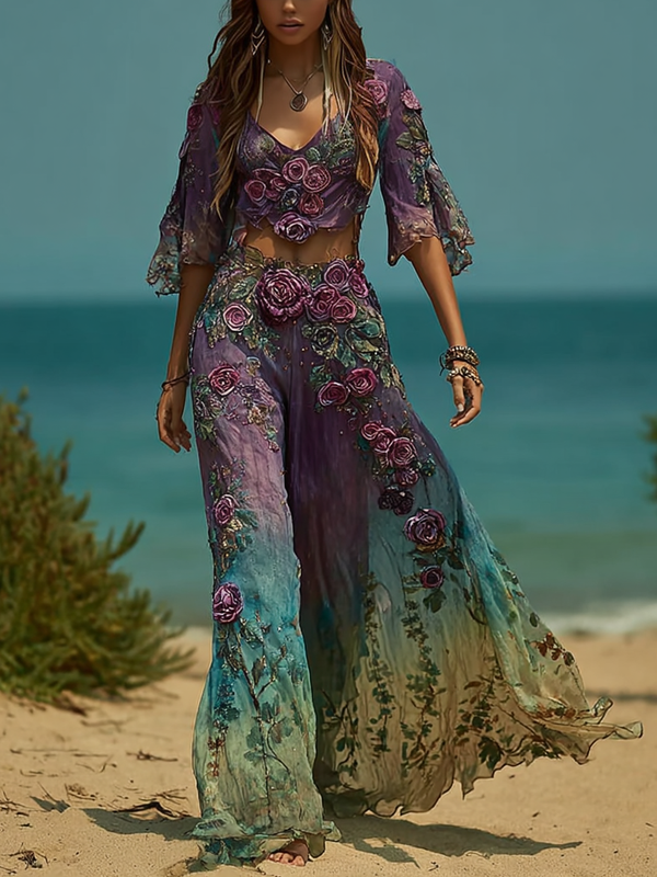 Seaside lace embroidered retro top + pants set 81c8