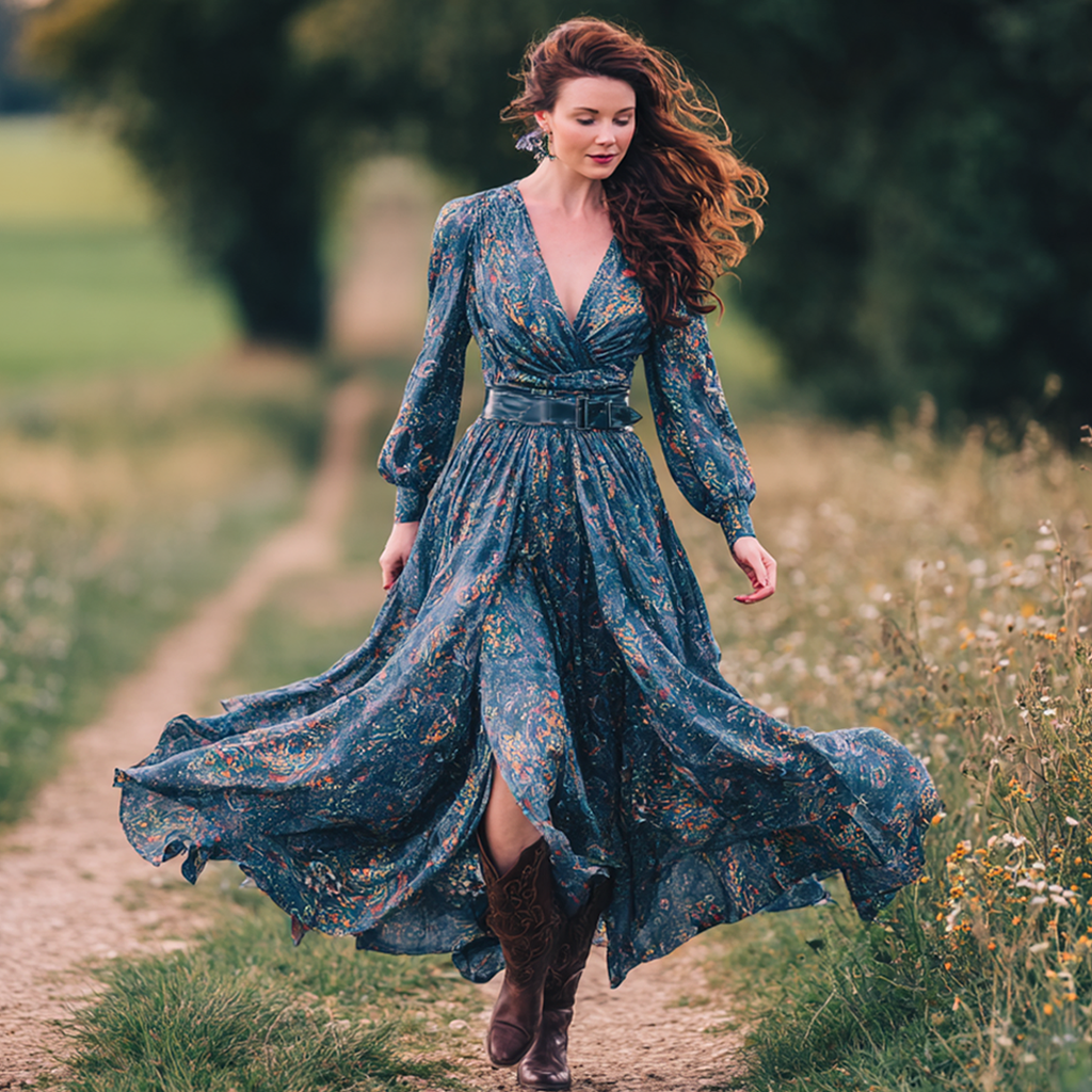 Flowy Chiffon Maxi Dress With Floral Print V-Neck Long Sleeve Boho Style Wrap Dress For Women