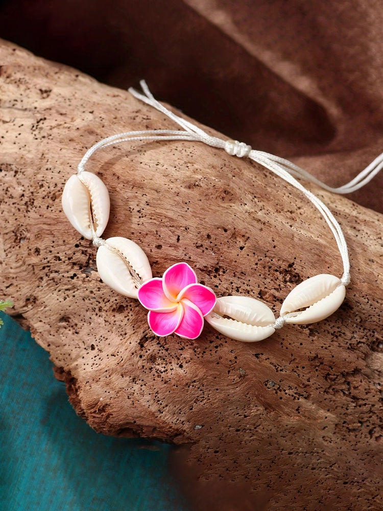 Bohemian Pink Floral & Shell Charms Adjustable Bracelet