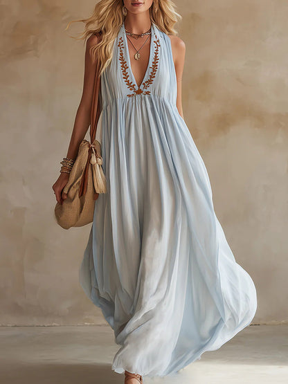Women's V-neck Sleeveless Casual Loose Cotton And Linen Dress